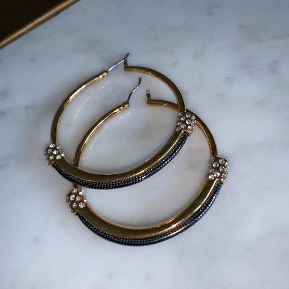 Sparkly 1 3/4 inch hoops in gold-tone with black metal & crystals. - Picture 7 of 9